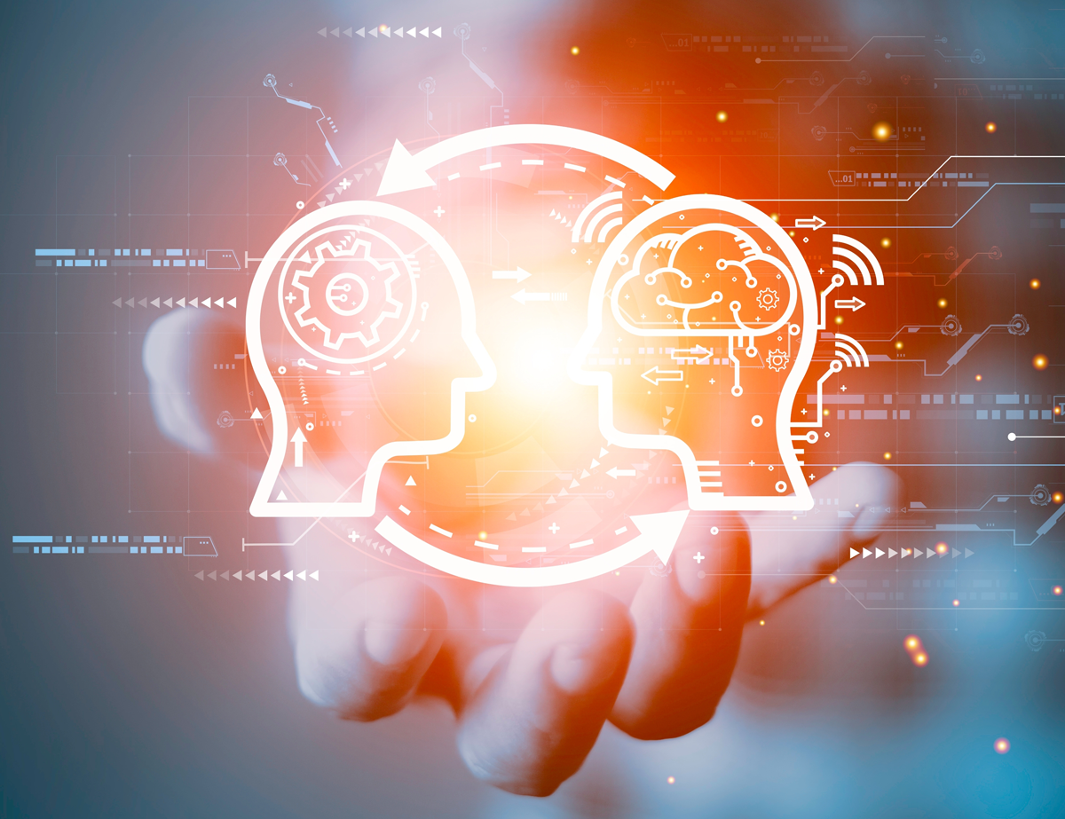 The is a graphic representation of human and machine in the decision intelligence process. There is a brain and robot with showing arrows and a continuous loop of information that is shared.