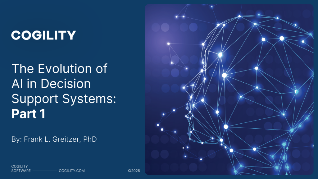 Shows the title of the blog series as shown in the LinkedIn series. Evolution of AI in Decision Support Systems and it has a imagery of an artificial intelligence figure by Frank L. Greitzer, PhD